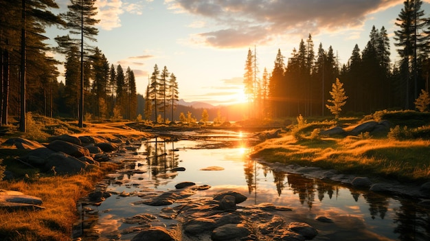 Tramonto sulla bellezza della natura forestale in movimento Tramonto sulla natura della foresta