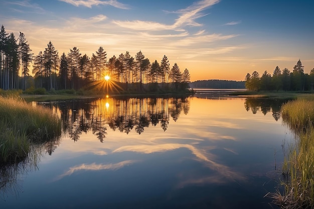 tramonto sulla costa del lago Natura del paesaggio La natura nel Nord Europa riflette il cielo azzurro e il giallo sole del paesaggio durante il tramonto
