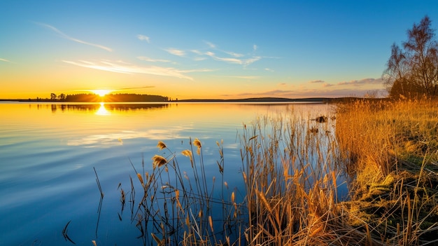 tramonto sulla costa del lago Paesaggio naturale Natura nell'Europa settentrionale Generativo Ai