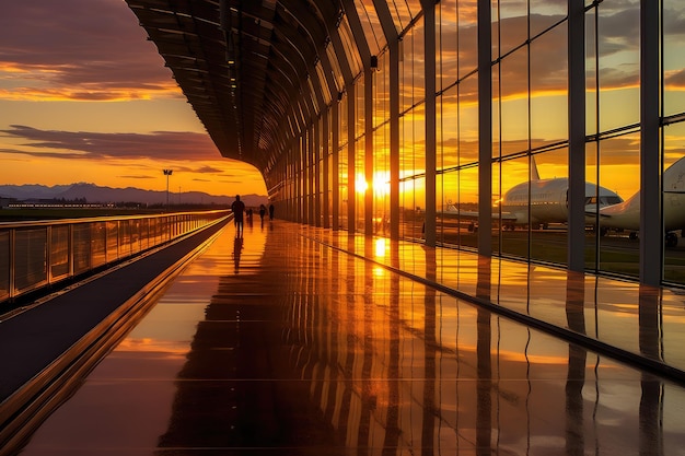 Tramonto sulla pista dell'aeroporto Scena drammatica e serena dell'aviazione