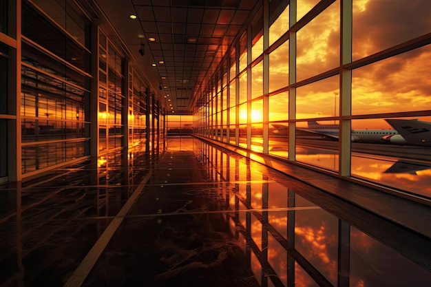 Tramonto sulla pista dell'aeroporto Scena drammatica e serena dell'aviazione