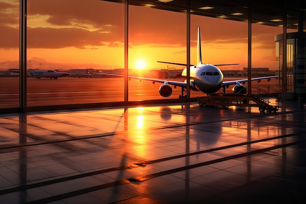 Tramonto sulla pista dell'aeroporto Scena drammatica e serena dell'aviazione