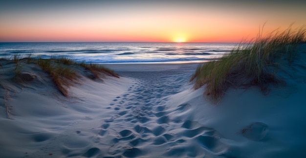 Tramonto sulla spiaggia con impronte nella sabbia