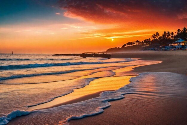 tramonto sulla spiaggia con le palme e un tramonto