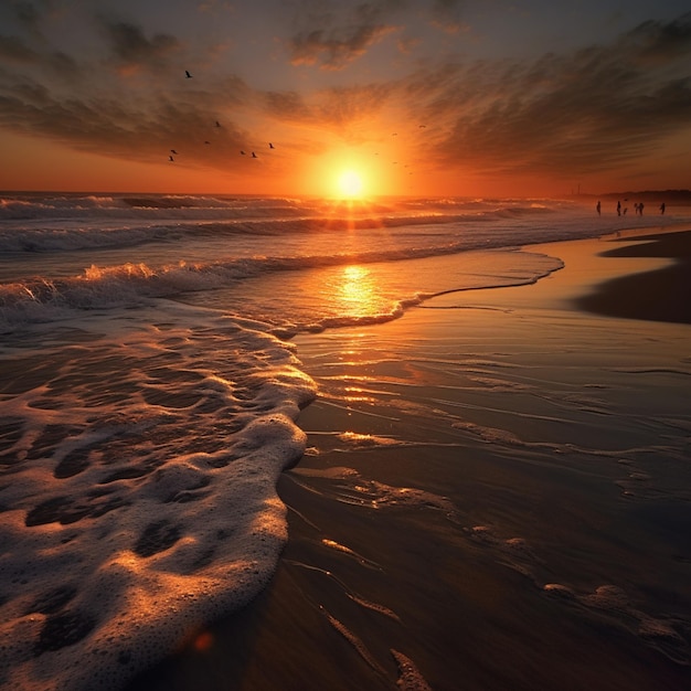 Tramonto sulla spiaggia con onde e uccelli che volano nel cielo generativo ai