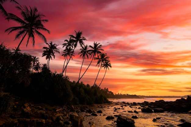 Tramonto sulla spiaggia con palme da cocco Sri Lanka