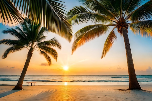 Tramonto sulla spiaggia con palme e una panchina