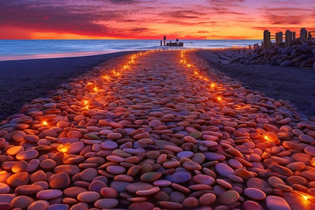 tramonto sulla spiaggia con rocce e luci