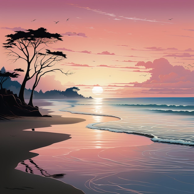 tramonto sulla spiaggia con un albero solitario e un uccello che vola sopra l'acqua generativo ai