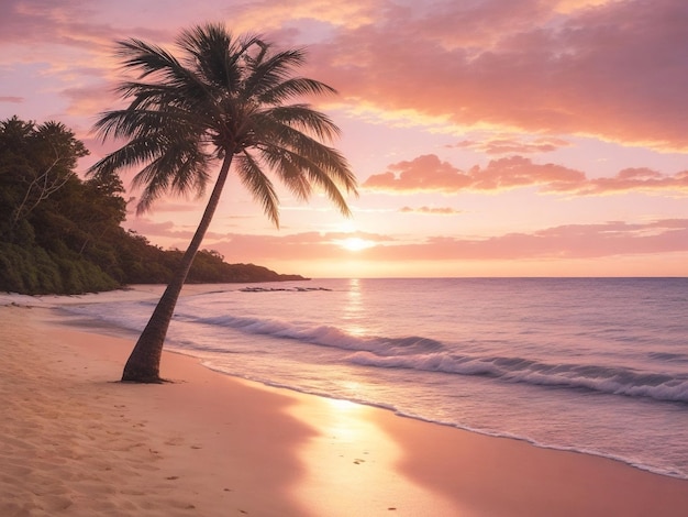 Tramonto sulla spiaggia rosa con alberi dorati e luce