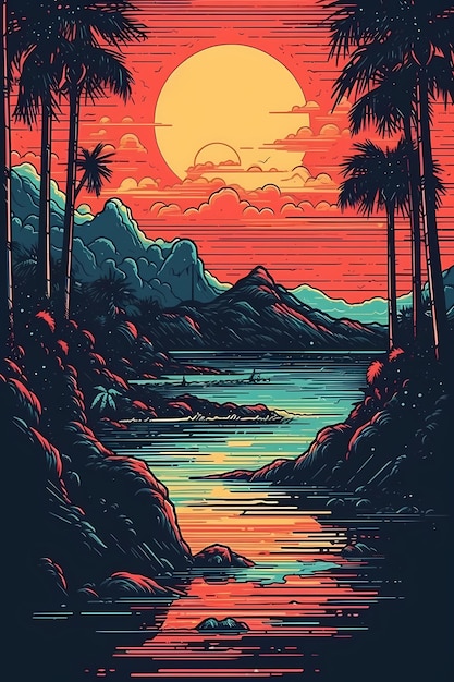 Tramonto sulla spiaggia tropicale con palme Il sole sul mare di sera ha generato ai