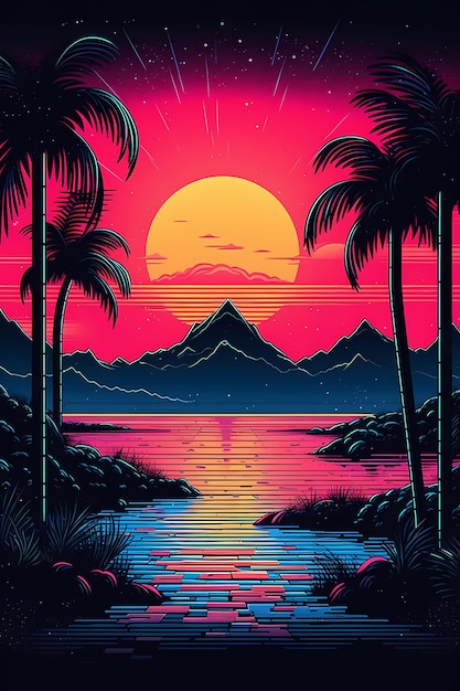 Tramonto sulla spiaggia tropicale con palme Il sole sul mare di sera ha generato ai