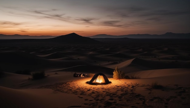 Tramonto sulla tranquilla avventura in campeggio della catena montuosa generata dall'intelligenza artificiale