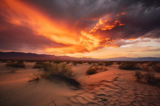 Tramonto tempestoso sul deserto con sfumature arancioni e rosse che si riflettono sulla sabbia