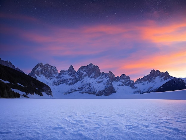 tramonto tra le montagne innevate