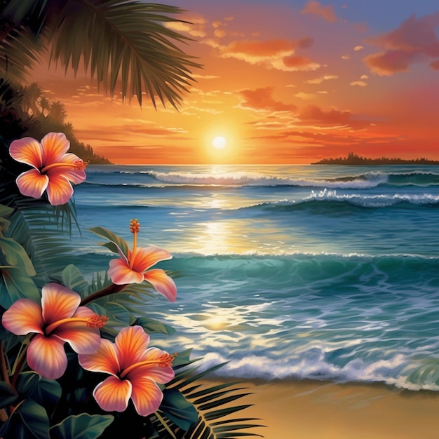 Tramonto tropicale con fiori di ibisco e onde sulla spiaggia generativa ai