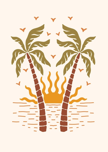 tramonto tropicale con palme illustrazione vettoriale in stile retro