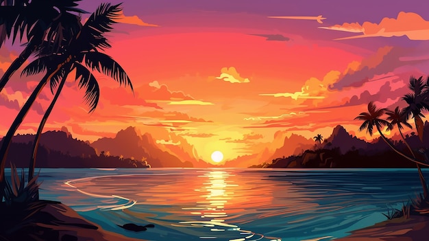 tramonto tropicale o l'alba con palme e spiaggia in illustrazione di cartoni animati