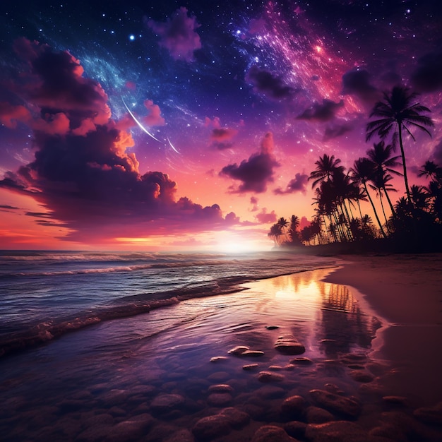 Tramonto viola e blu con stelle e palme sulla spiaggia generativa ai