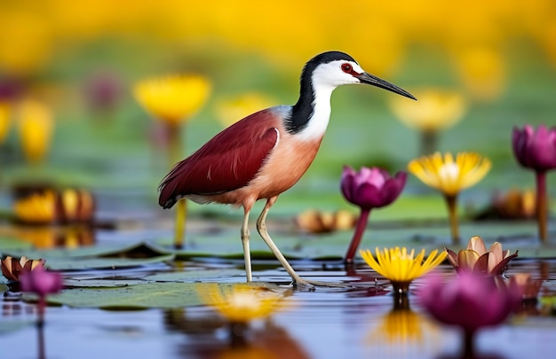 Trampoliere africano colorato con dita lunghe accanto alla ninfea viola in acqua IA generativa