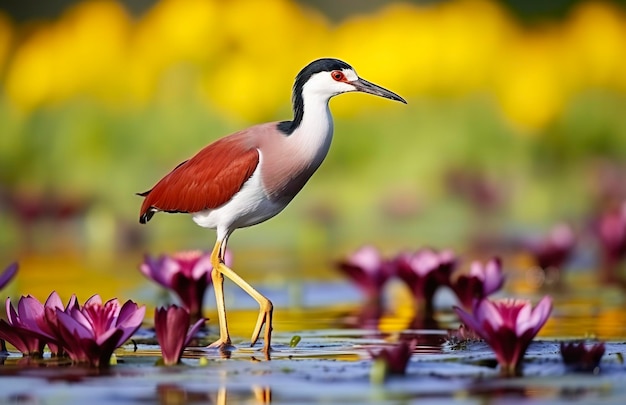 Trampoliere africano colorato con dita lunghe accanto alla ninfea viola in acqua IA generativa