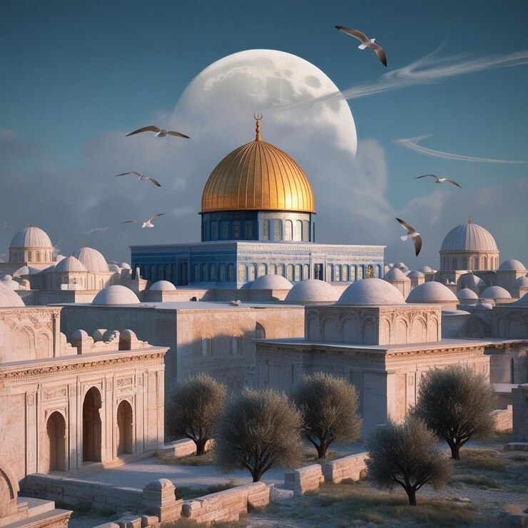 Tranquil Cityscape with Radiant Dome and Soft Hues of Gold and Blu
