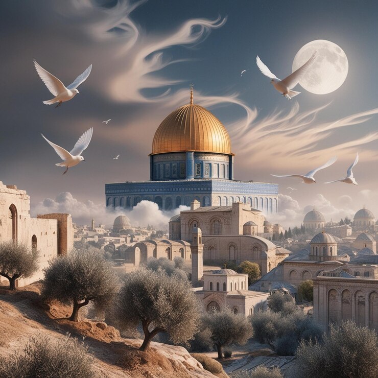 Tranquil Cityscape with Radiant Dome and Soft Hues of Gold and Blu