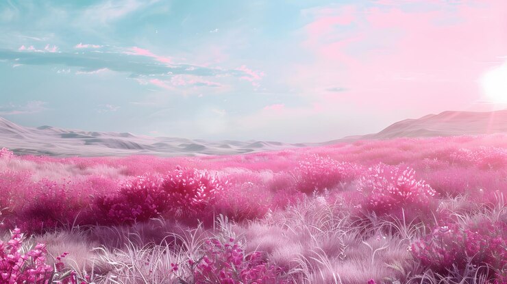 Tranquil Pink Nature Landscape Surrounded by Lush Vegetation