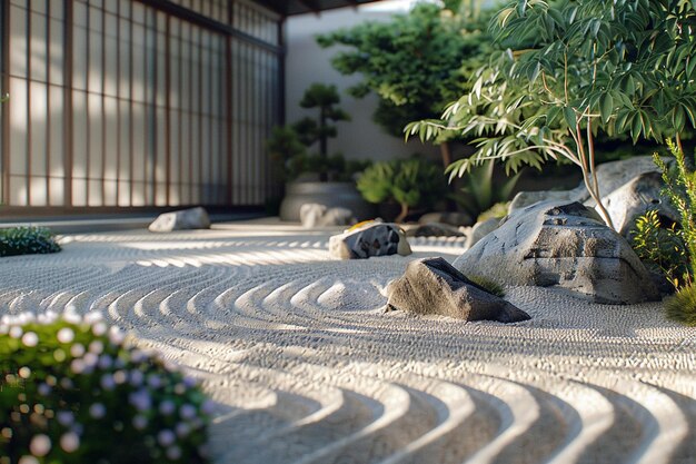 Tranquili giardini Zen con sabbia accuratamente rastrellata