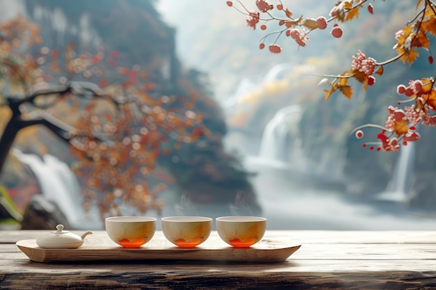 Tranquilla cerimonia del tè d'autunno con cascata e foglie colorate in natura
