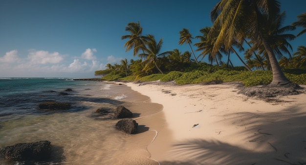 Tranquilla costa fiancheggiata da palme perfetta per le vacanze estive generate da AI