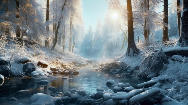 Tranquilla foresta invernale con alberi ghiacciati e riflessi ghiacciati.