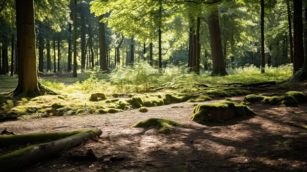 Tranquilla radura della foresta con luce solare screziata che filtra attraverso gli alberi