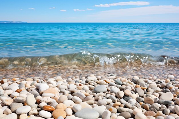Tranquilla spiaggia di pietra con ciottoli lungo l'orizzonte dell'oceano e cielo limpido
