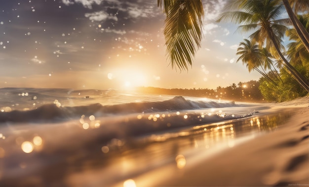 Tranquilla spiaggia tropicale al tramonto Fuga serena con il caldo sole scintillante e l'acqua scintillante delle palme