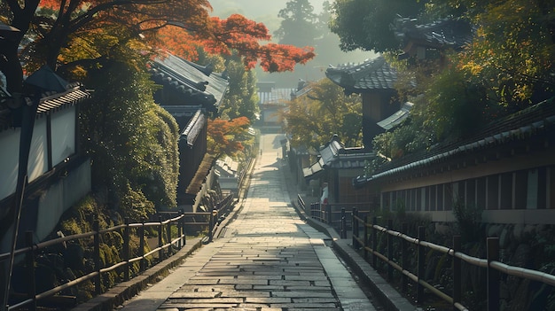 Tranquilla strada antica fiancheggiata da fogliame autunnale mattina serena in un villaggio storico fotografia di viaggio ispirata scena fuga culturale pacifica AI