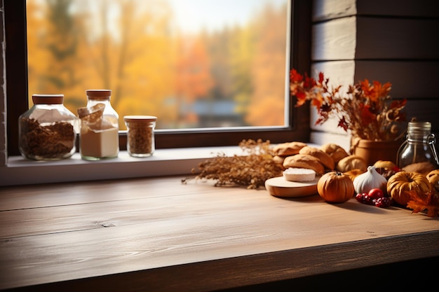 Tranquillità rustica Tavolo in legno vuoto in cucina bianca sfocata