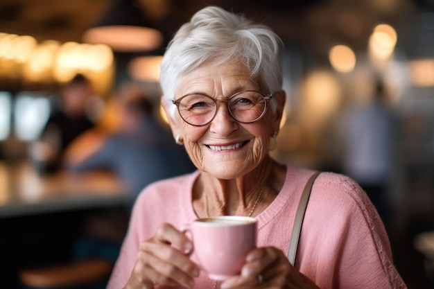 Tranquillità senza tempo Donna anziana che assapora il caffè in un affascinante caffè Ambiente generato dall'AI