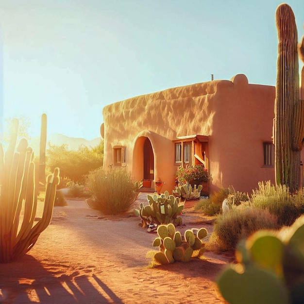 tranquillo edificio in adobe nel deserto circondato da cactus all'alba estiva