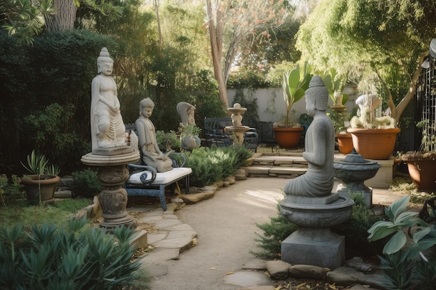 Tranquillo giardino con una varietà di sculture e altre opere d'arte per l'ispirazione