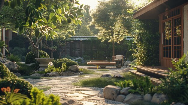 Tranquillo giardino zen con panchine rocciose e alberi