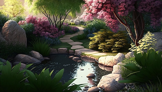 Tranquillo giardino zen con sentieri tortuosi e fiori che sbocciano