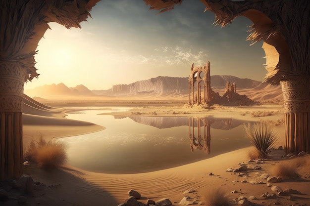 Tranquillo paesaggio del deserto e antiche rovine con lago nel deserto