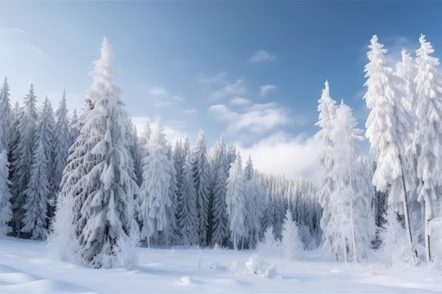 Tranquillo paesaggio invernale con alberi innevati creati con intelligenza artificiale generativa