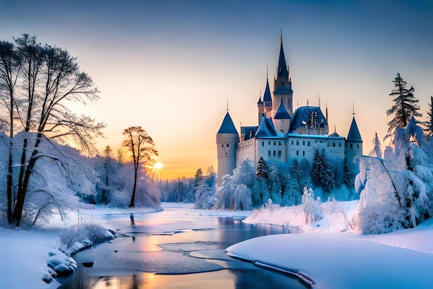 tranquillo paesaggio invernale con ghiaccio ghiacciato e un bellissimo concetto di paese delle meraviglie invernale del castello