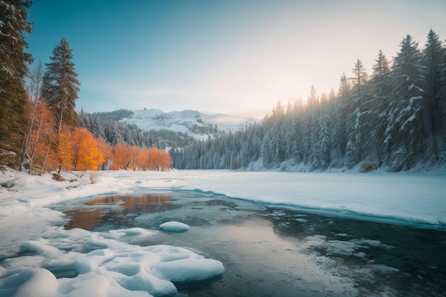 Tranquillo paesaggio invernale Lago ghiacciato tra i pini