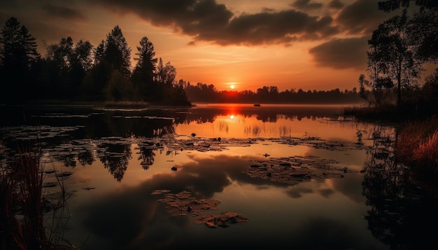 Tranquillo riflesso del tramonto sulla bellezza della natura dell'acqua in colori vivaci generati dall'intelligenza artificiale