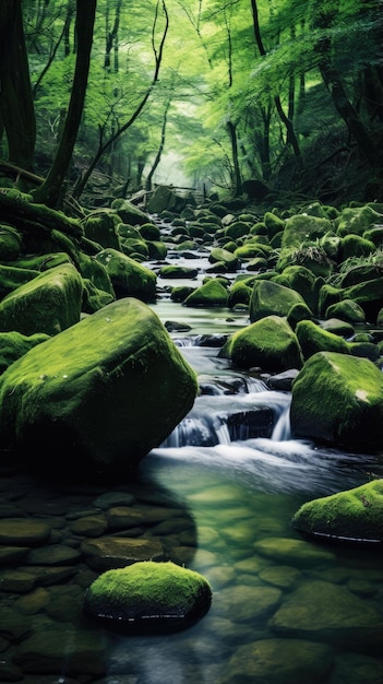 Tranquillo ruscello della foresta che scorre attraverso rocce muschiose per il telefono