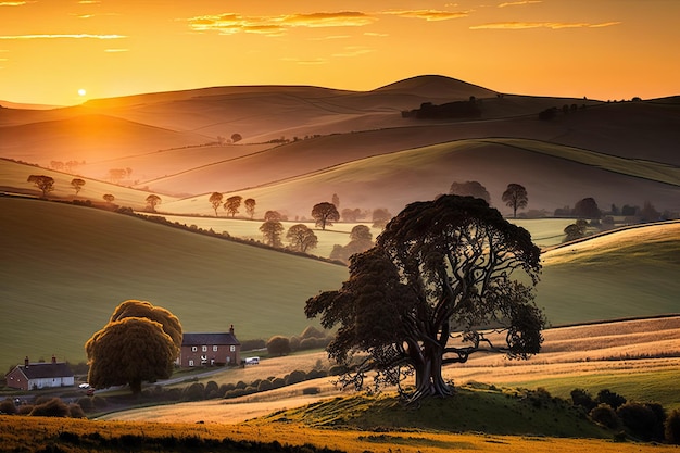 Tranquillo tramonto su dolci colline e alberi nella campagna creata con l'IA generativa