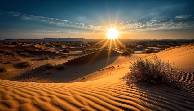 Tranquillo tramonto su maestose dune di sabbia nell'arida Africa generato dall'intelligenza artificiale